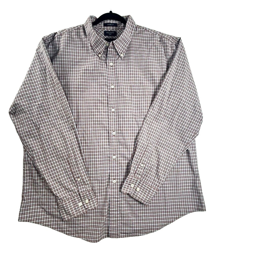 Dockers Button up Shirt Classic Fit Stain Defender Plaid Brown Mens XXL